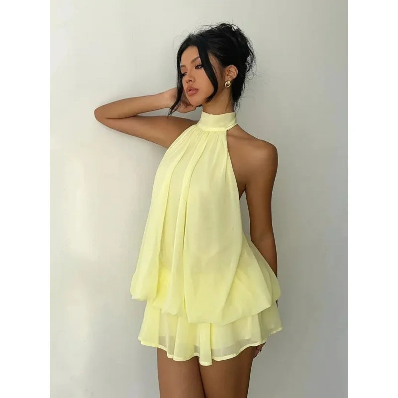 Sexy Halter Backless Chiffon Mini Dress Women Sleeveless Loose Short Dress Summer Beach Island Vacation Casual Holiday Party