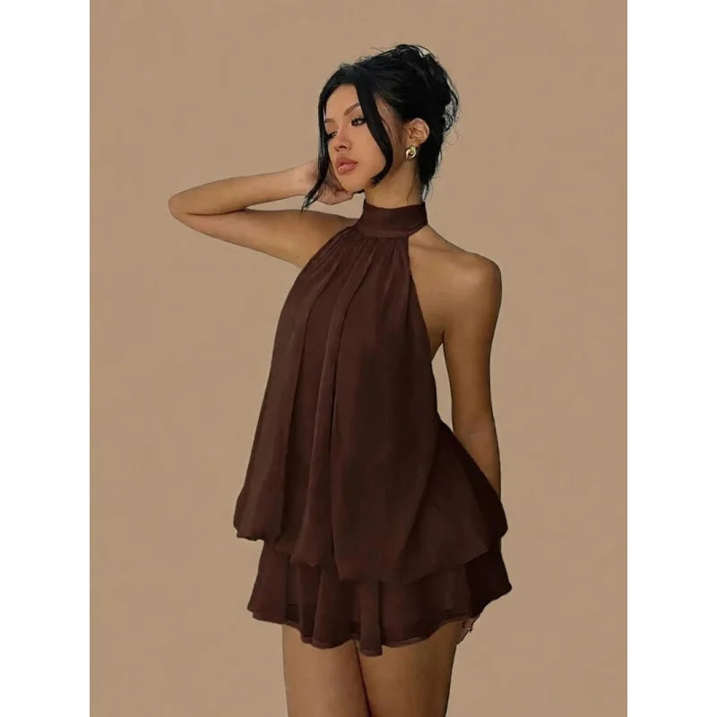 Sexy Halter Backless Chiffon Mini Dress Women Sleeveless Loose Short Dress Summer Beach Island Vacation Casual Holiday Party